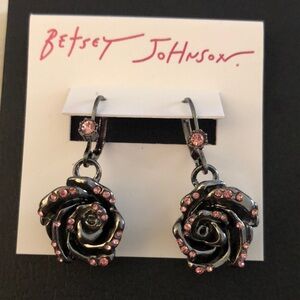 Betsey Johnson Fly By Night Hematite Tone 3D Rose Bud Drop Earrings Crystal NWT
